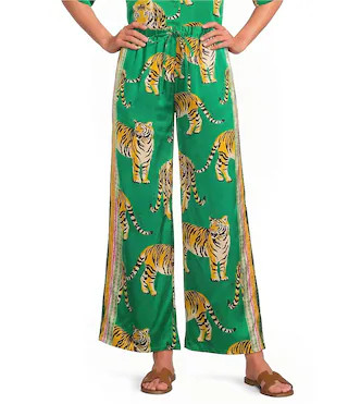 Sugarlips Tiger Jungle Printed Satin High-Rise Wide Leg Coordinating Pants - L | Dillard's
