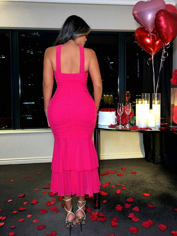 SHEIN SXY Women Double Layered Ruffle Hem Halter Neck Sexy Dress For Valentine's Day | SHEIN