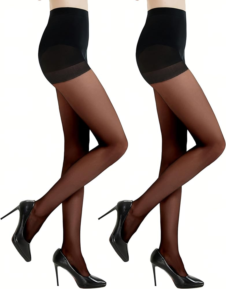 2 Pairs Women's Black Tights - 20D Silky Control Top Pantyhose for Reinforced Toes - Smooth & Dur... | Amazon (US)