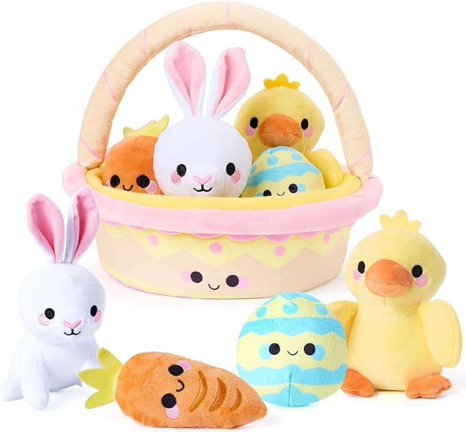 JOYIN 5 Pcs Easter Basket Plush Playset, Filled Basket with Bunny Chick Egg Carrot, Easter Basket... | Amazon (US)
