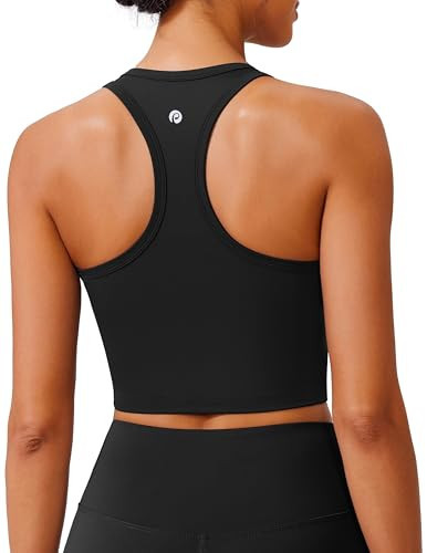 PINSPARK Black Sports Bra Athletic Tank Tops for Women Racerback Padded Longline Yoga Tops Tennis Workout Tank Built in Bra Medium,Black | Amazon (US)