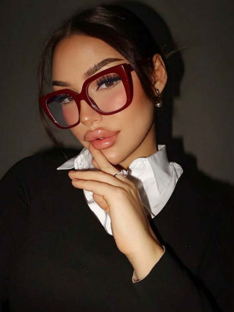 1 Stück Damen Burgunderrot quadratiger Kunststoffrahmen Vintage einfache Nicht-Verschreibungsbri... | SHEIN