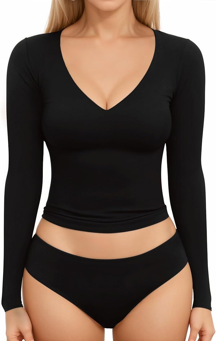MANGOPOP Women's Double Lined Short Long Sleeve Tops V Neck T Shirts Fitted Basic Tee | Amazon (US)