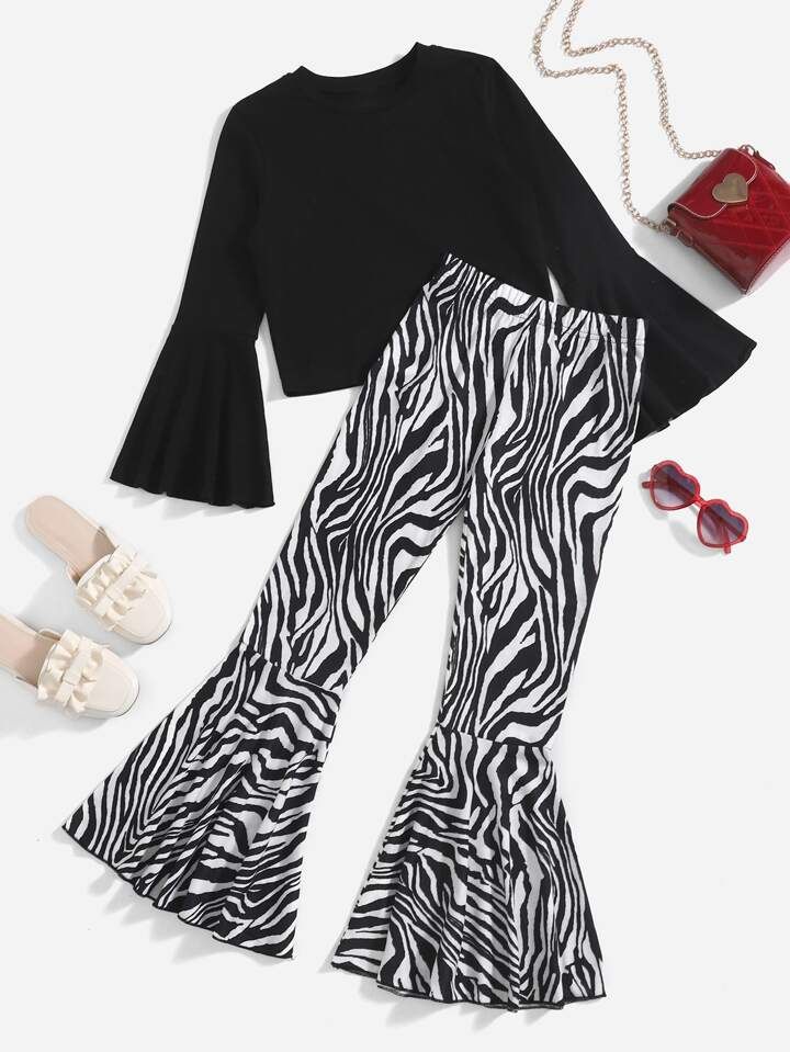 SHEIN Tween Girl Flounce Sleeve Tee & Zebra Striped Flare Leg Pants | SHEIN