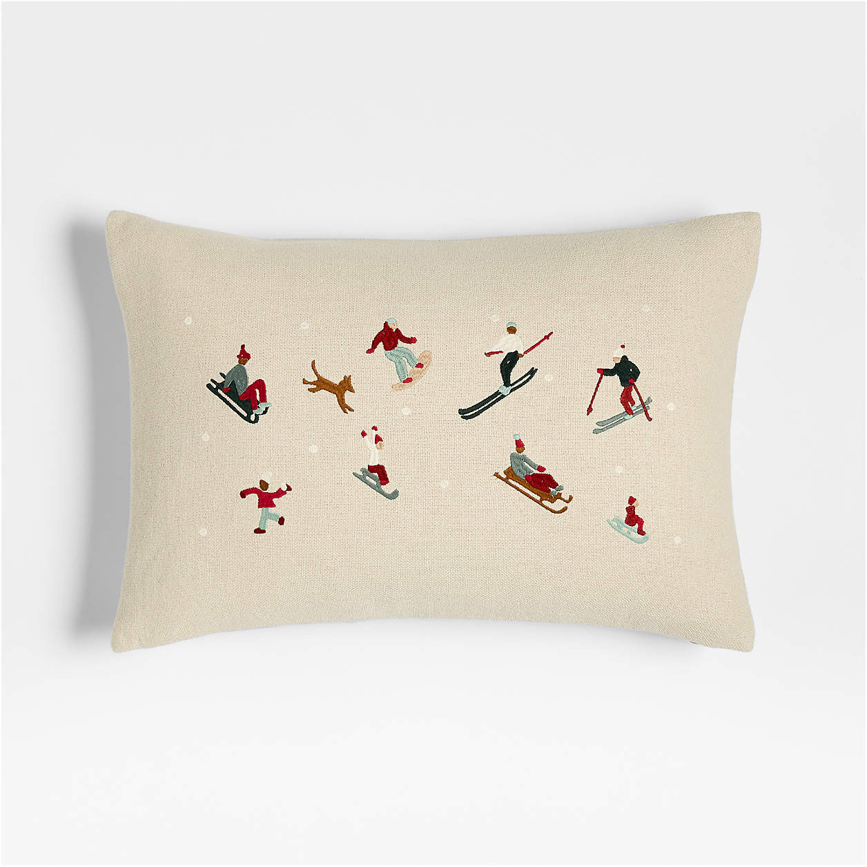 Embroidered Skiers Linen 22"x15" Throw Pillow with Down-Alternative Insert | Crate & Barrel | Crate & Barrel