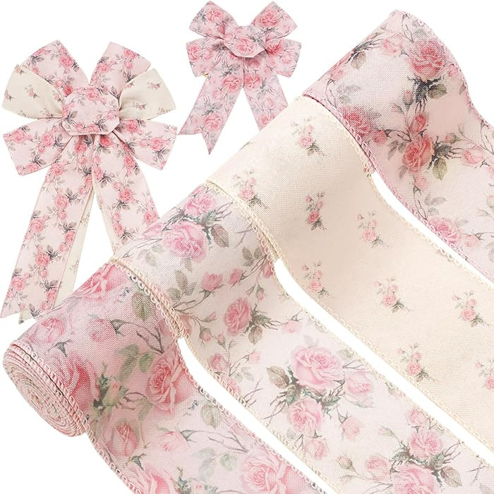 Generic 4 Rolls Pink Floral Wired Ribbon 2.5 Inch Vintage Rose Flower Ribbon for Bow Wreath Craft... | Amazon (US)
