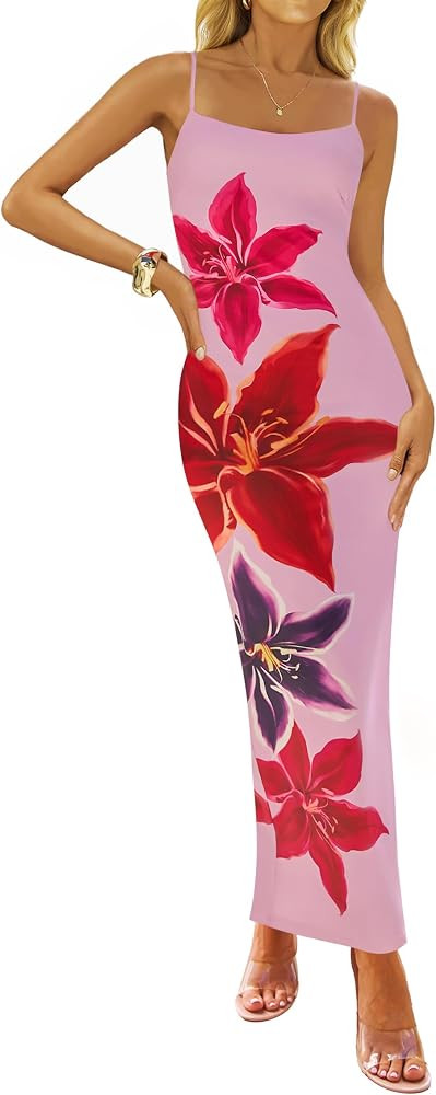 ZESICA Women’s Summer Bodycon Maxi Dresses 2025 Floral Spaghetti Strap Square Neck Sleeveless B... | Amazon (US)