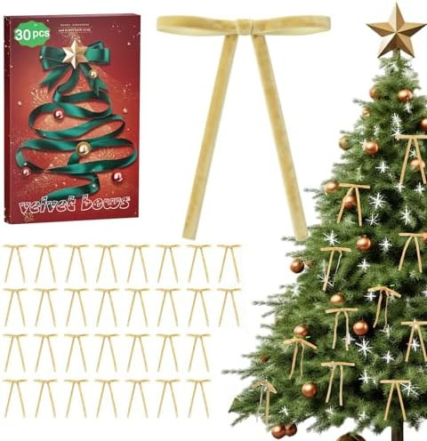 Khaki Velvet Bows for Christmas Tree - 30Pcs Vintage Ribbon Bows for Tree Decorations, 3/8" Small... | Amazon (US)