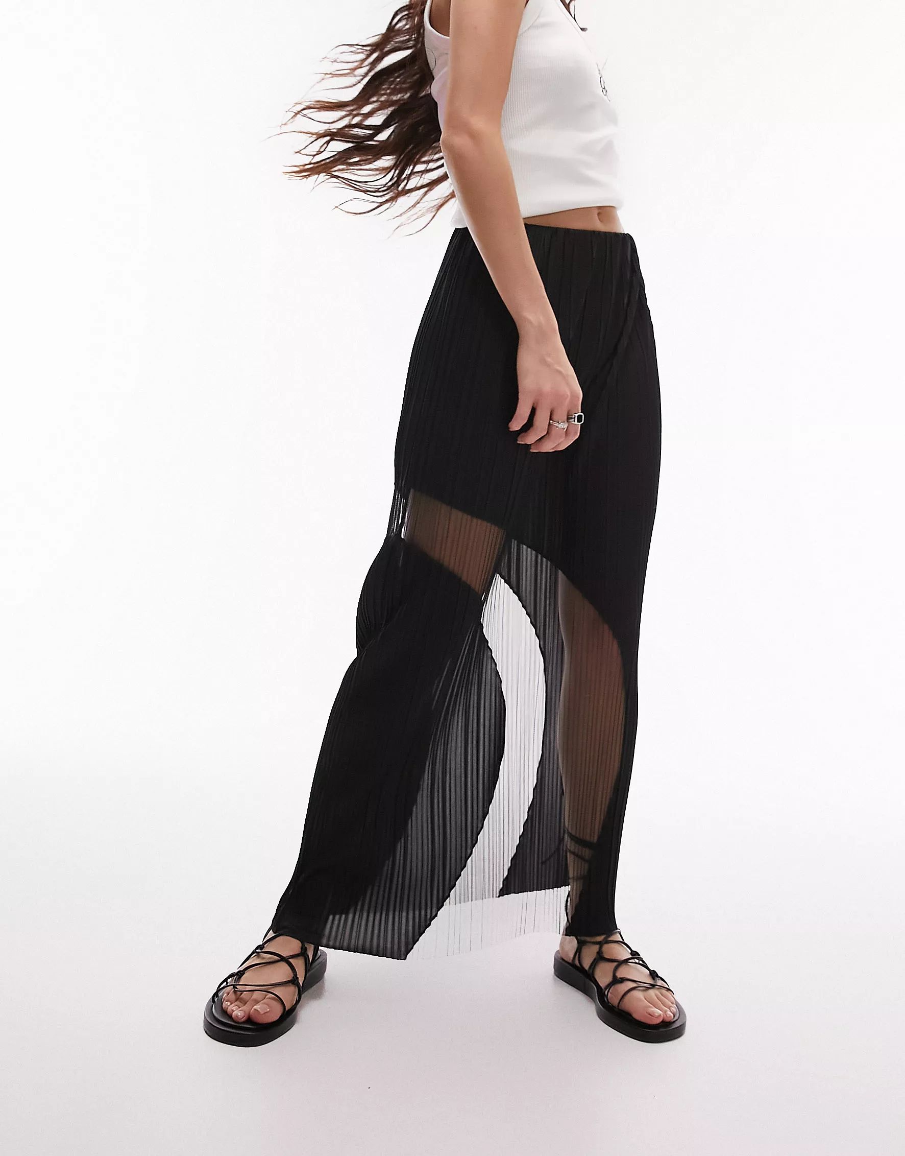 Topshop plisse sheer curved hem midi skirt in black | ASOS (Global)