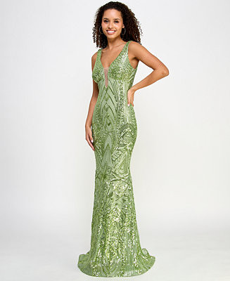 Juniors' Deep-V Illusion Sequin Gown | Macy's