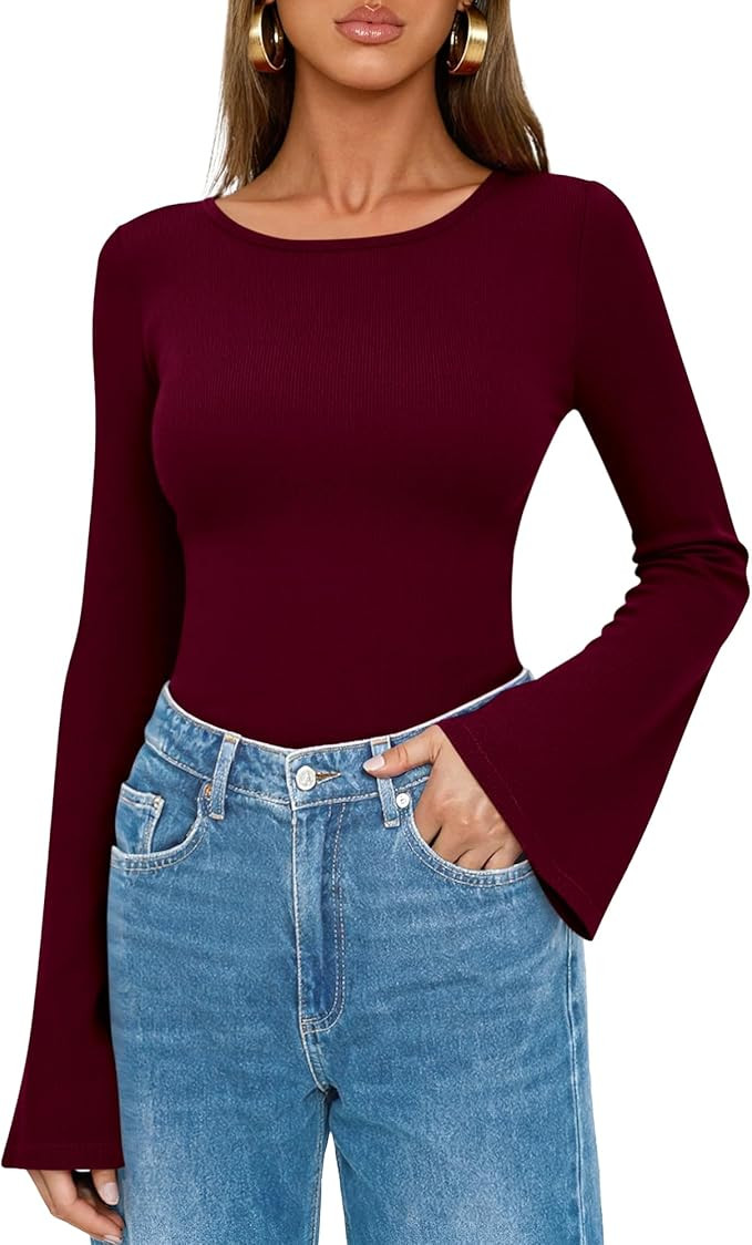 BTFBM Long Sleeve Shirts for Women 2025 Fall Y2K Clothes Casual Solid Color Boat Neck Bell Sleeve... | Amazon (US)
