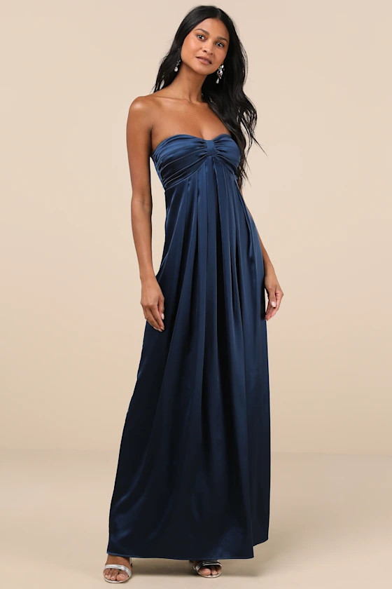 Memorable Entrance Dark Blue Strapless Satin Maxi Dress | Lulus