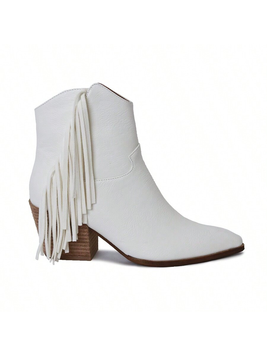 SNLEO-17-PU Fringe Western Ankle Boot With Stacked Leather Heel | SHEIN