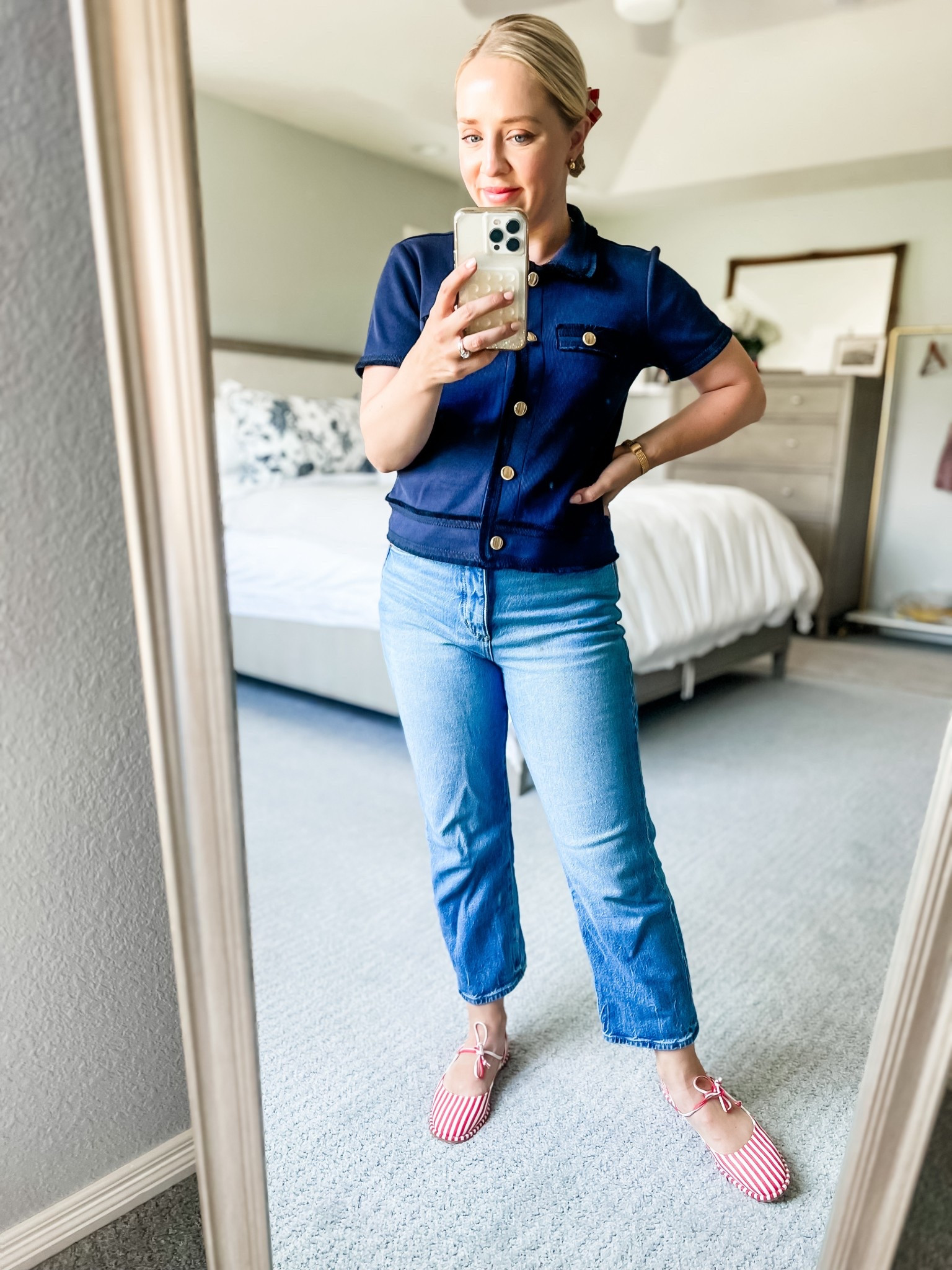 Easy outfit for July 4th! Wearing xs in this navy button up. Suggest 1 size up in the red and white flats since they only come in whole sizes. Similar petite jeans. 

July 4th, Fourth of July, July fourth outfit, summer outfit 

#LTKSaleAlert #LTKFindsUnder100 #LTKPetite