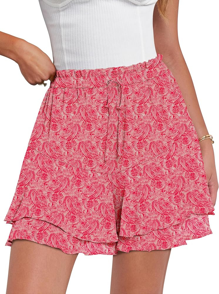 Caracilia Skorts for Women Boho Casual Beach Mini Skirts Summer Floral Ruffle Chiffon Flowy Short... | Amazon (US)