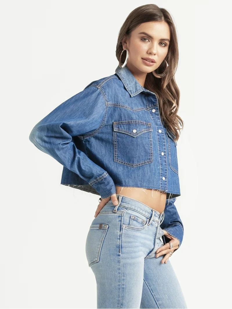 Jessica Simpson Women's Crop Denim Western Shirt, Sizes XS-XL | Walmart (US)