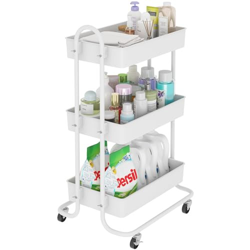Sywhitta 3-Tier Storage Rolling Utility Cart with Handle, Multifunctional Storage Trolley for Kitchen, Bathroom, Living Room, Office, White | Amazon (US)