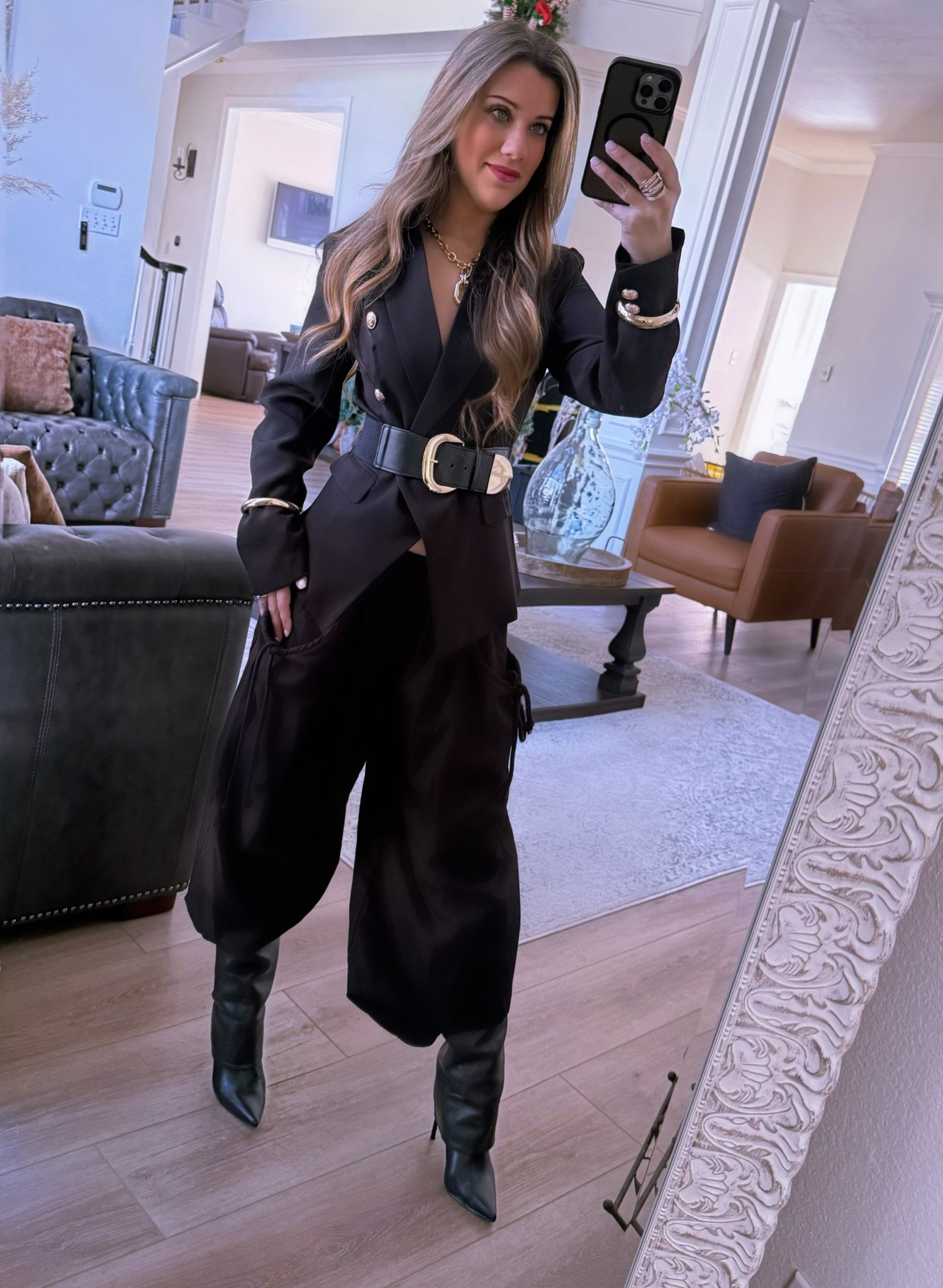 2026 outfit ootd. Date night. All black. Blazer, baggy pants, gold bracelets, black belt, black tall boots  

#LTKootd #LTKgrwm #LTKdayinmylife