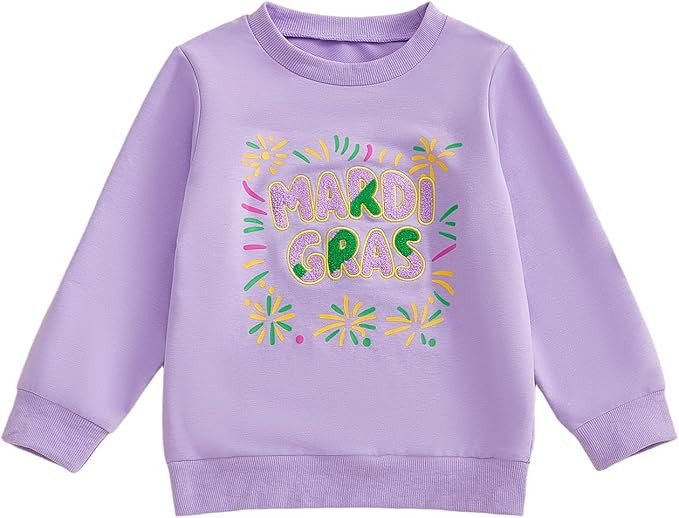 GOOCHEER Toddler Baby Girl Mardi Gras Outfit Fireworks Letter Embroidery Long Sleeve Sweatshirt C... | Amazon (US)