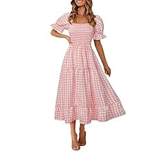 MEROKEETY Women's Plaid Square Neck Ruffle Puff Sleeve Midi Dress Summer Boho Backless Smocked Dr... | Amazon (US)