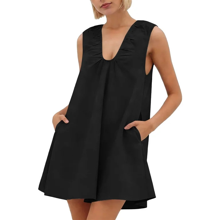 Kvture Women's Sleeveless Babydoll Tank Mini Dress Scoop Neck Ruched Short Dress with Side Pocket... | Walmart (US)