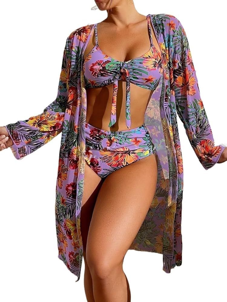 Women's Summer Beach 3 Piece Swimsuits, Hawaiian Beach Bikini Cover Ups Printed 3 Pieces Swimsuit... | Amazon (US)