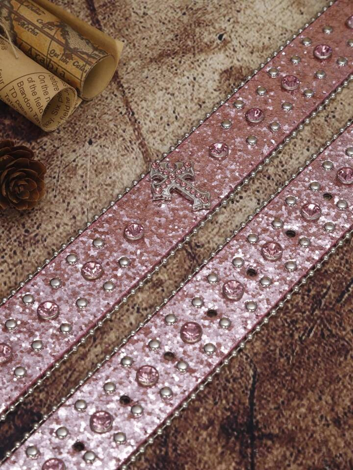 1pc Women's Western Cowgirl Style Luxurious Rhinestone Pink Glitter Shimmering Belt With Full Dia... | SHEIN