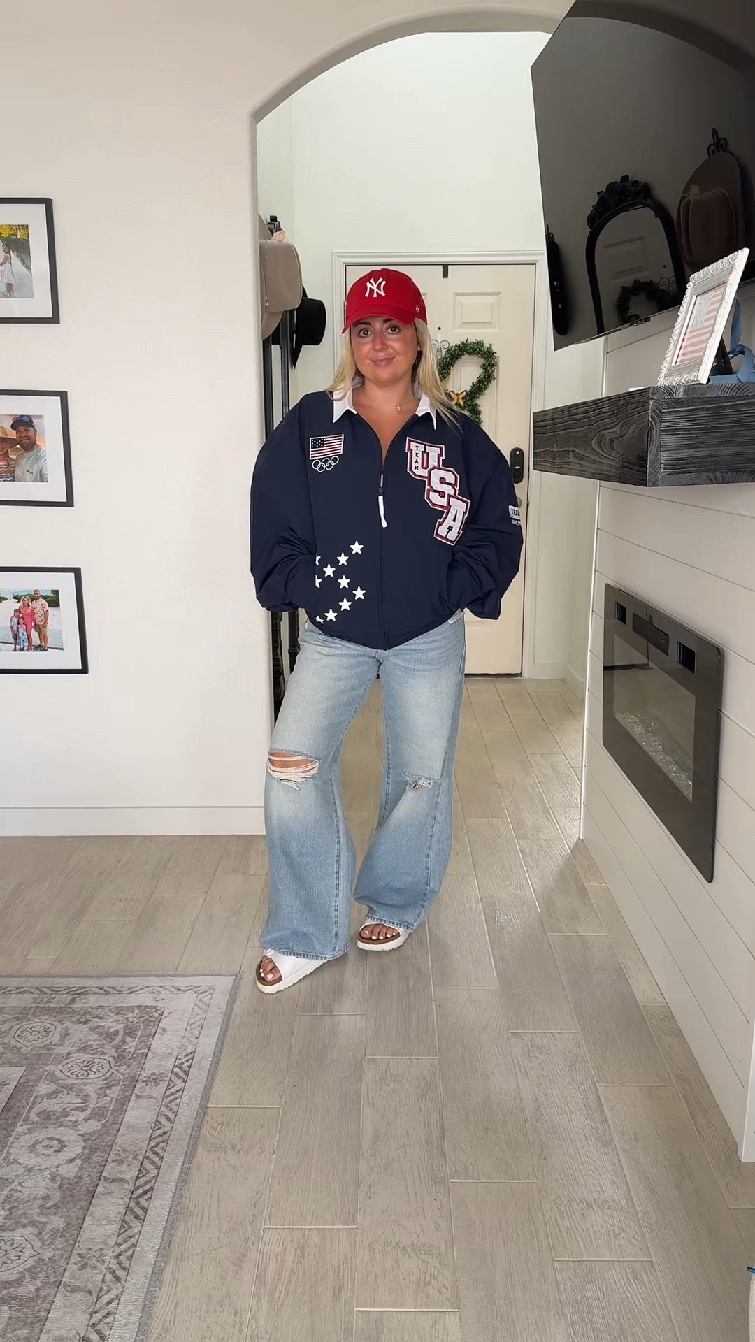 OOTD 
USA 
Large USA jacket 
Jeans 27 short
Platform Birkenstocks tts

#LTKootd