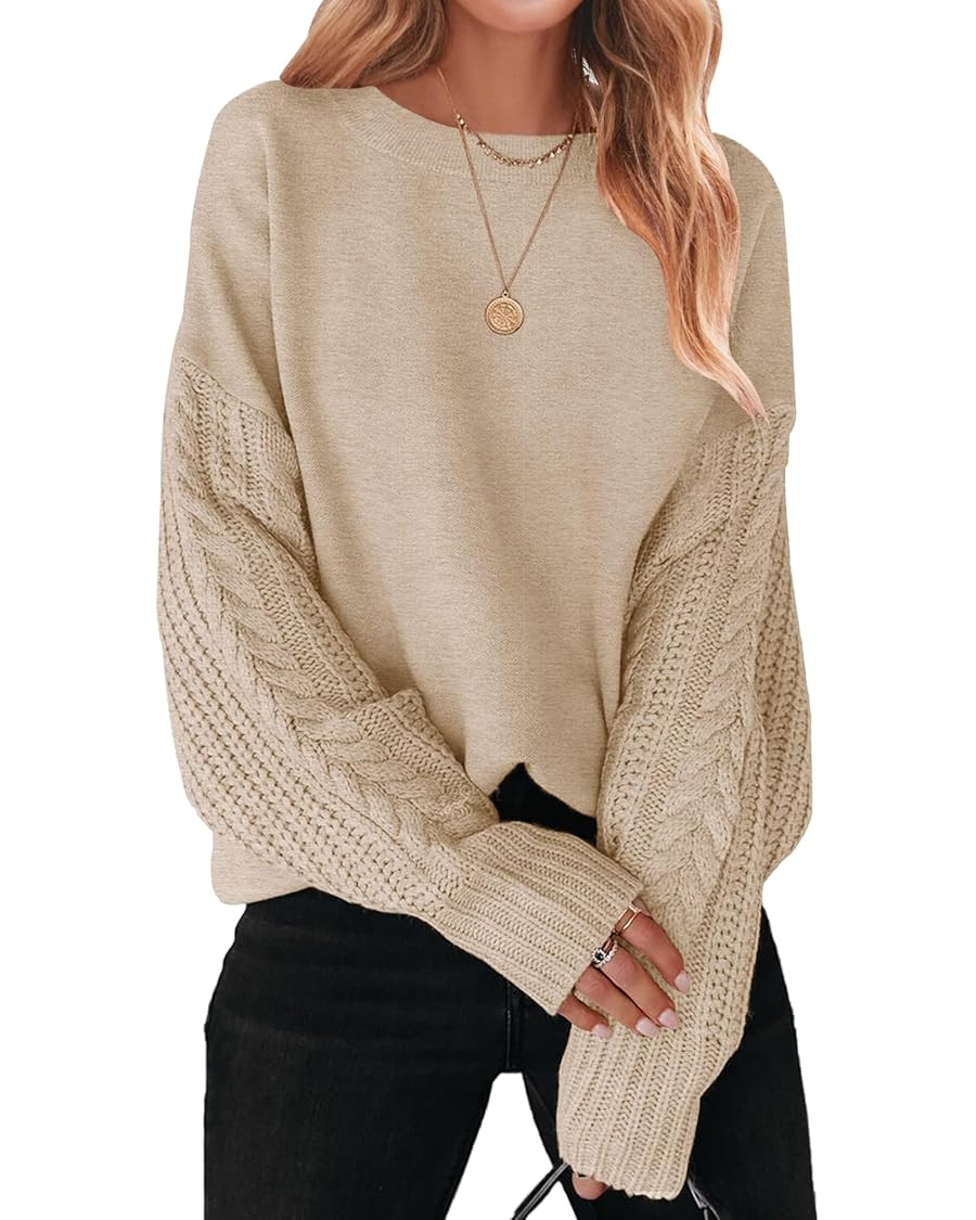ZESICA Women's 2025 Fall Long Sleeve Crew Neck Solid Color Cable Knit Chunky Casual Oversized Pul... | Amazon (US)