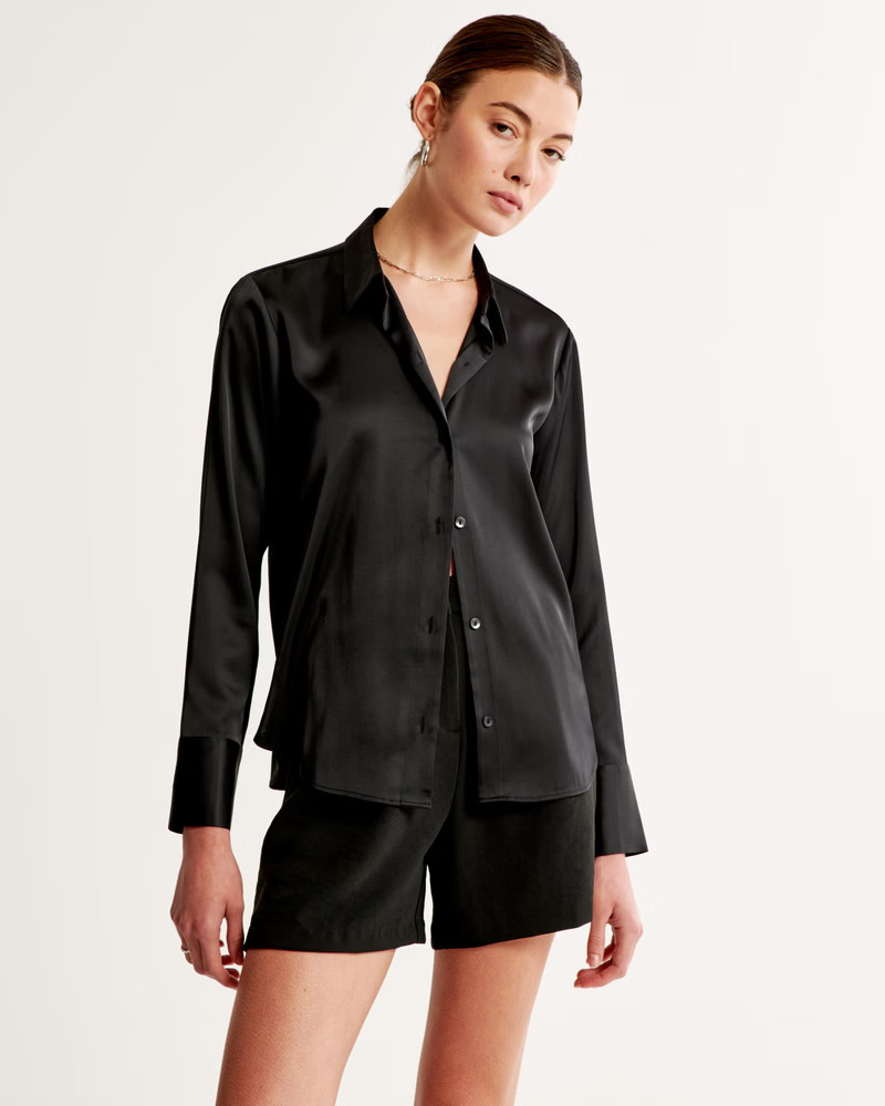 Women's Long-Sleeve Satin Button-Up Shirt | Women's Tops | Abercrombie.com | Abercrombie & Fitch (US)