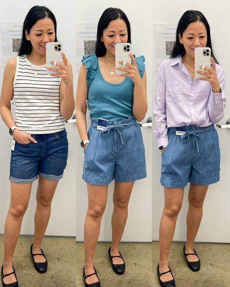 Size small stripe tee
Size small ruffle trim tee
Size XS button down (color not online but linked same shirt in striped option)
Size small in shorts (XS prob would also work)
Size 4 denim shorts 
Ballet flats are true to size 

Old Navy style


#LTKsalealert #LTKfindsunder50 #LTKSeasonal