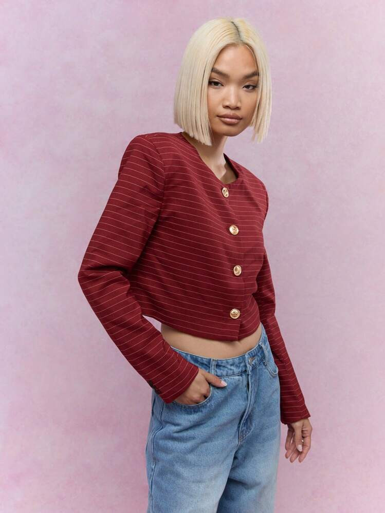 MISSGUIDED Statement Button Striped Collarless Crop Jacket | SHEIN