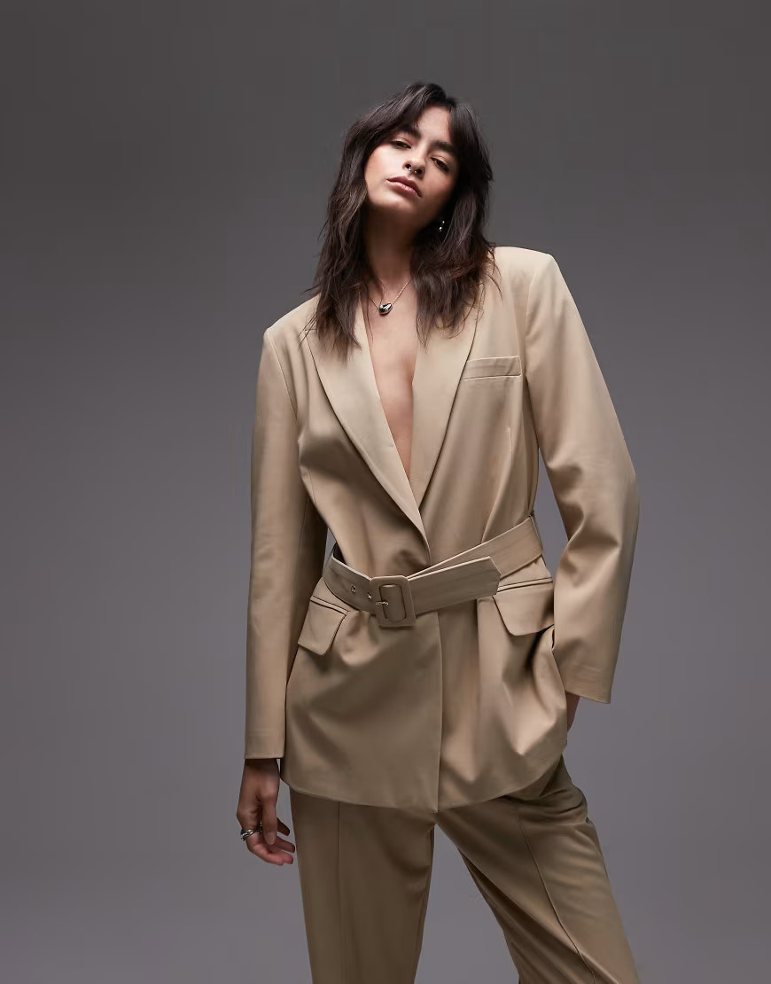ASOS DESIGN belted oversized blazer in light camel-Neutral | ASOS (Global)