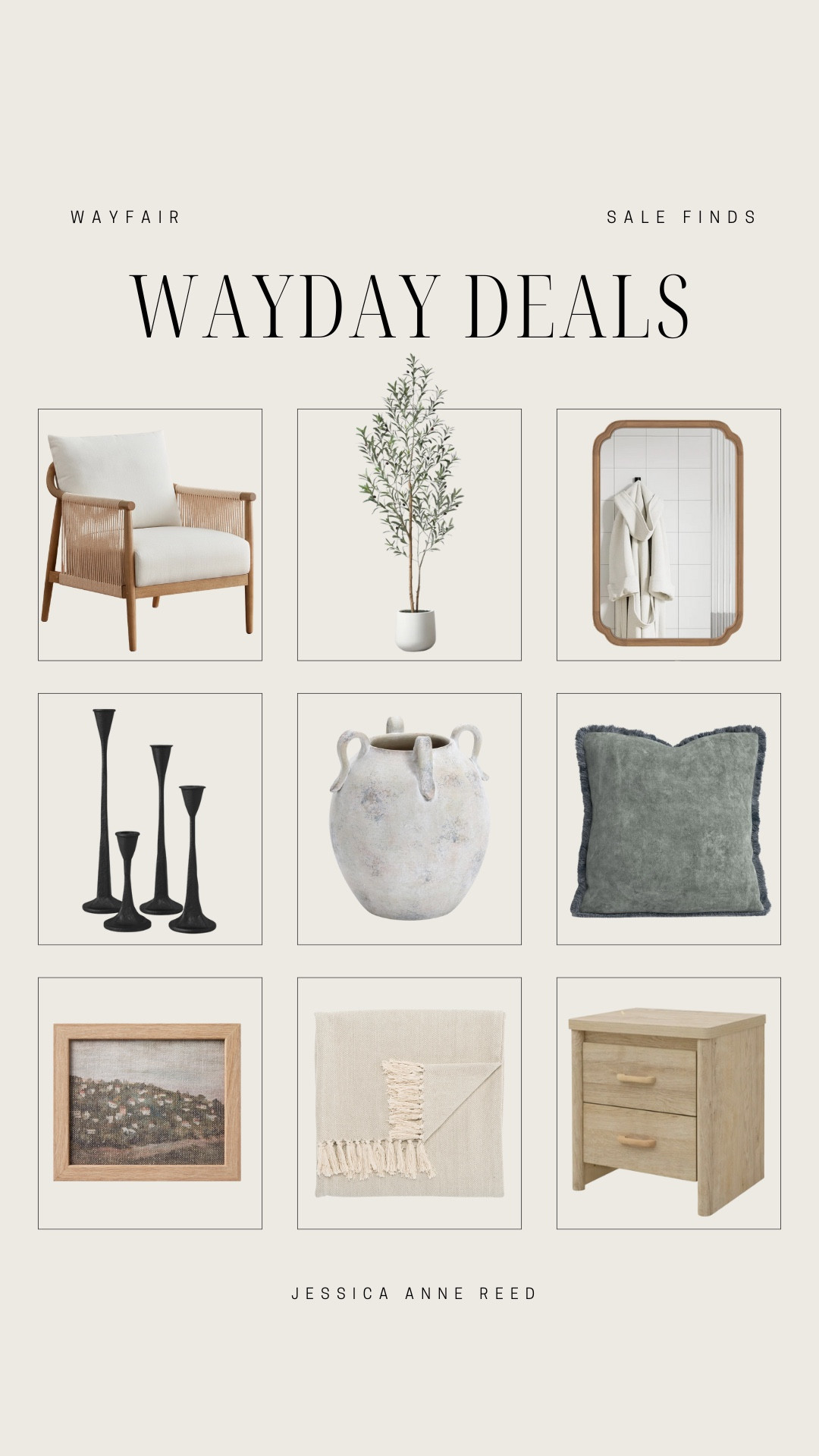 Wayday deals from Wayfair include accent chair, faux tree, mirror, throw pillow, vase, candlestick holders, wall art, throw blanket, and nightstand.

Sale alert, neutral home decor, home accents, neutral home

#LTKStyleTip #LTKSaleAlert #LTKHome