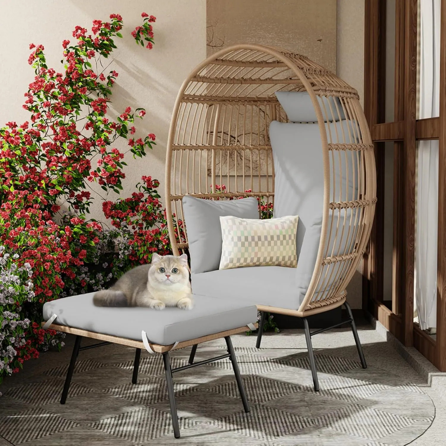 GarveeLife Oversized Wicker Egg Lounge Set/With Ottoman And Thick Cushion/Gray Durable Steel Frame For Indoor Outdoor-Cozy Comfortable Modern Leisure | Lowe's