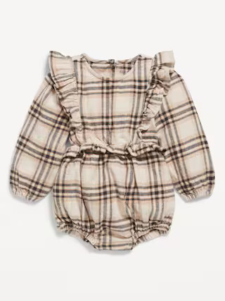 Long-Sleeve Ruffle-Trim Plaid One-Piece Romper for Baby | Old Navy (US)