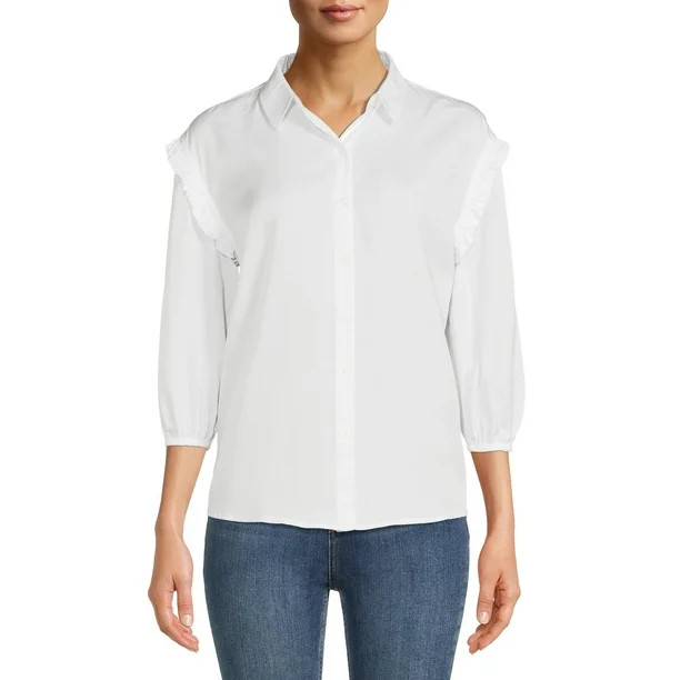 Time and Tru Women's Ruffle Sleeve Button Front Blouse - Walmart.com | Walmart (US)