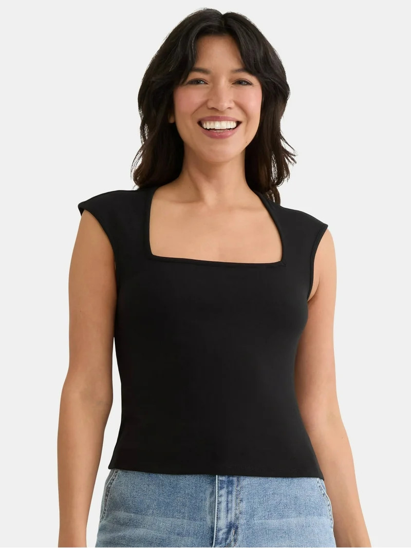 Madden NYC Women's Square Neck Top with Cap Sleeves, Sizes XXS-XXL | Walmart (US)