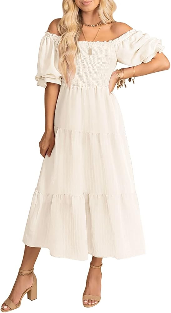 Annebouti Women Summer Square Neck Puff Sleeve Off Shoulder Ruffle Tiered Smocked Midi Dress | Amazon (US)
