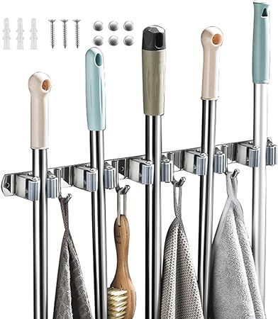 Bosszi Mop and Broom Holder, 4 Positions 5 Hooks Heavy Duty Mop Hanger Wall Mounted Stainless Ste... | Amazon (US)