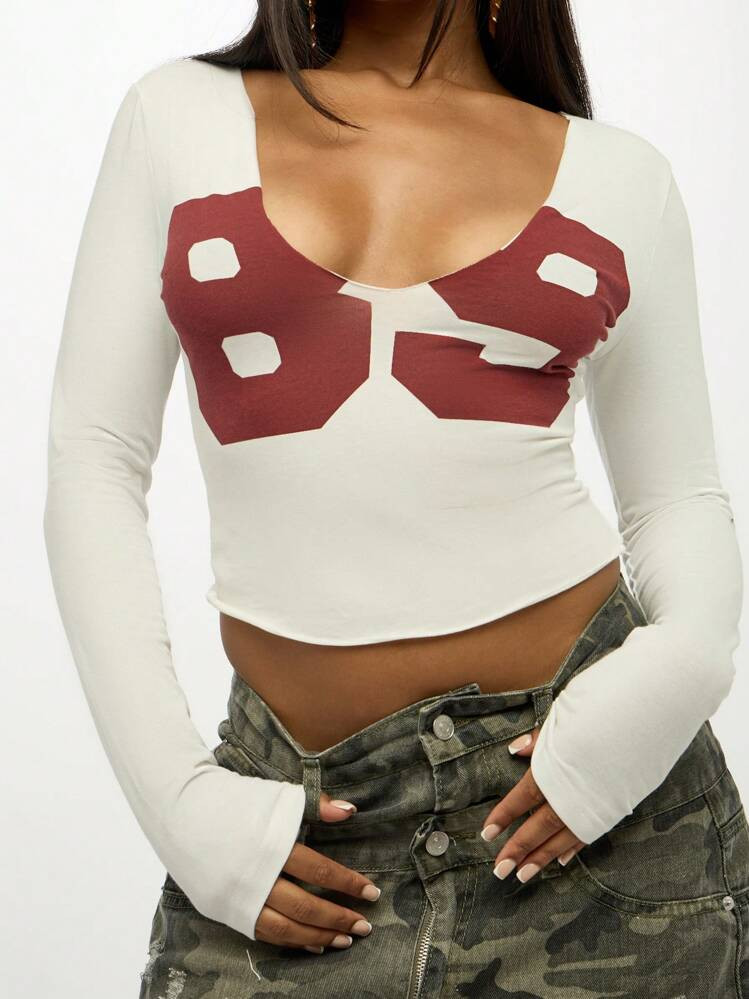 SUMWON WOMEN V-Neck Crop Top Long Sleeve Butterfly Design Fitted Stretch Winter Fall Fashion Y2K Statement Casual Party Club Festival Knit Blouse | SHEIN