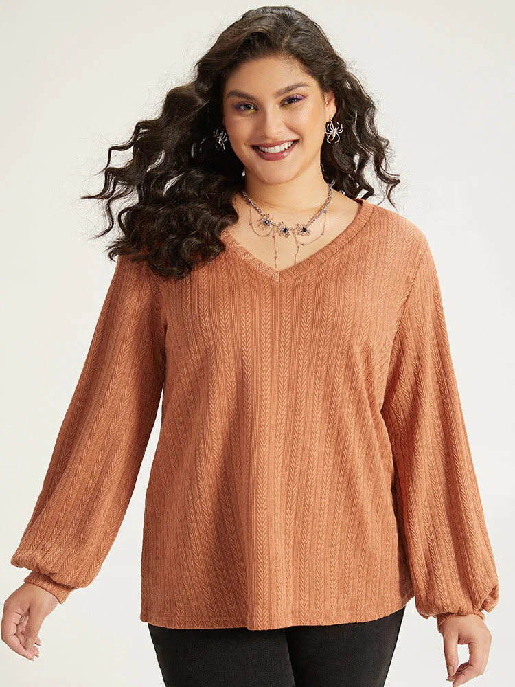 Halloween Plain Elastic Cuffs V Neck Texture Lantern Sleeve Sweatshirt | Bloomchic