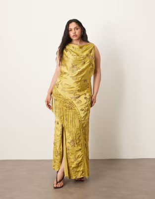 ARRANGE Curve embroidered satin drape midi dress with fringe in olive green | ASOS (Global)