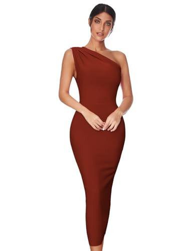 Womens One Shoulder Bodycon Bandage Dress Maxi Long Party Dresses Wedding Guest Dress(A-tan,XS) | Amazon (US)