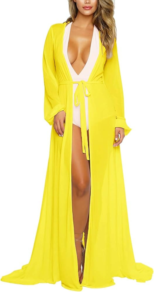 Women's Sexy Thin Mesh Long Sleeve Tie Front Swimsuit Swim Beach Maxi Cover Up Dress | Amazon (US)