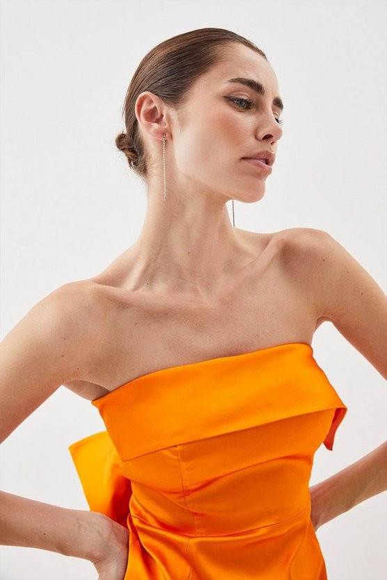 Italian Satin Bandeau Structured Bow Detail Midi Dress | Karen Millen UK + IE + DE + NL