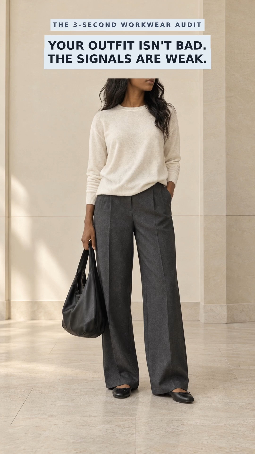 Your workwear doesn’t need more pieces; it needs stronger signals.

An ivory knit and charcoal wide-leg trousers feel instantly more polished when you:

1. Define the waist
2. Carry a structured tote
3. Choose a pointed-toe shoe

Tap the product tags to shop the closest matches to this executive-workwear look. 🛍️

Which detail makes the biggest difference—1, 2, or 3?

AI-styled concept; linked pieces are similar shoppable options.

#ExecutiveWorkwear #OfficeOutfitIdeas #WideLegTrousers #WorkwearStyle #ProfessionalStyle
