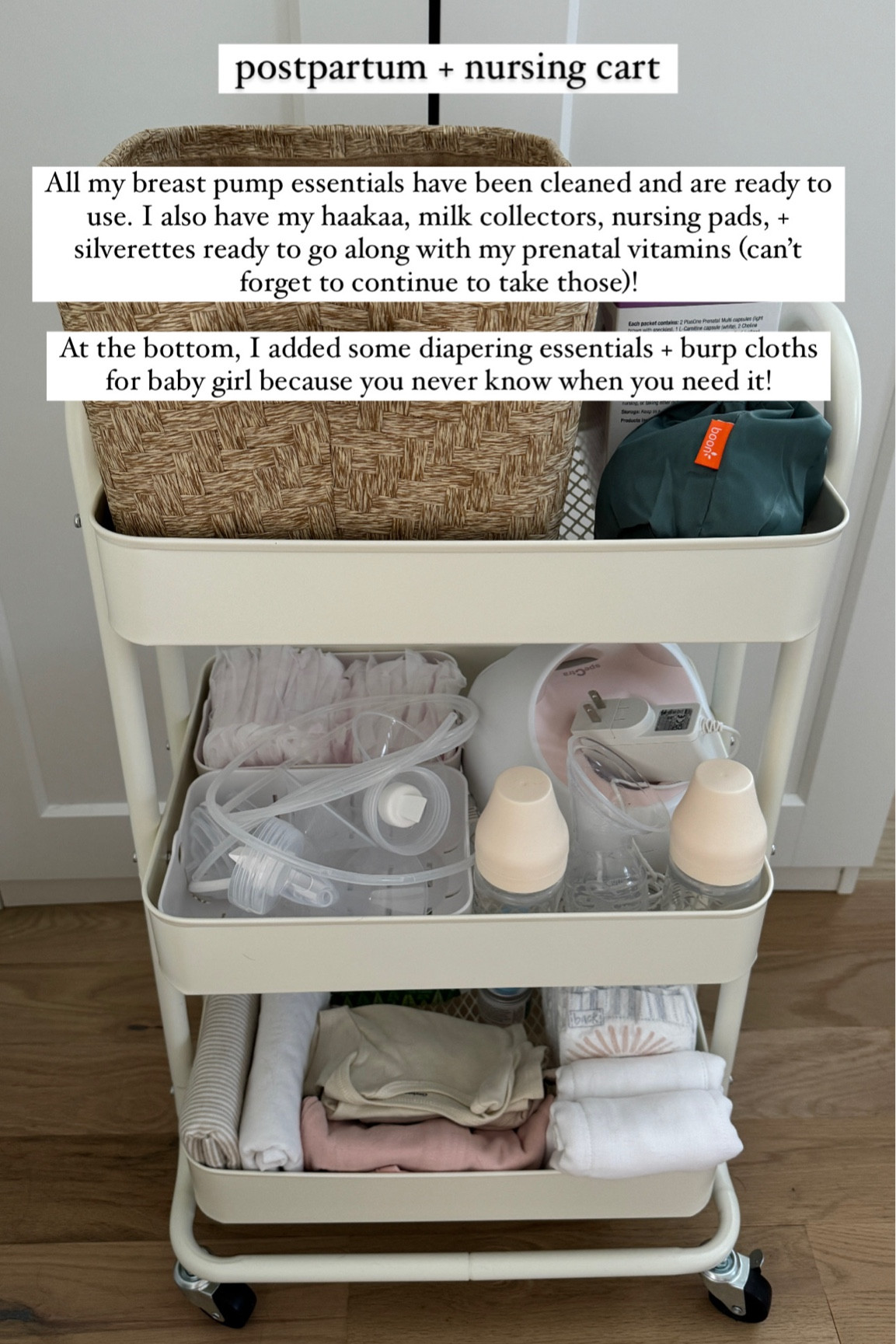 Postpartum + Breast Pump Cart

All my breast pump essentials have been cleaned and are ready to use. I also have my haakaa, boon trove milk collectors, nursing pads, + silverettes ready to go along with my prenatal vitamins (can't forget to continue to take those)!

At the bottom, I added some diapering essentials + burp cloths for baby girl because you never know when you need it!

First time mom, infant prep, things to do before bringing baby home, 4th trimester 

#LTKFamily #LTKBaby