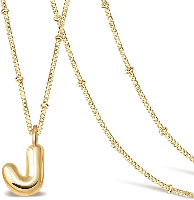 Small Bubble Letter Necklace for Women Dainty Balloon Initial Necklaces 14K Gold Plated Cute Name... | Amazon (US)