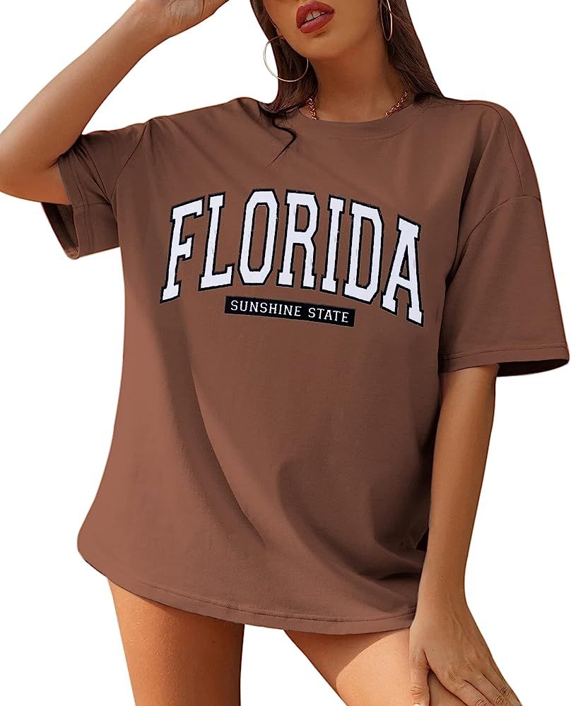 MISSACTIVER Women Florida Letter Graphic Print Tee Shirt Oversized Short Sleeve Crew Neck Drop Sh... | Amazon (US)